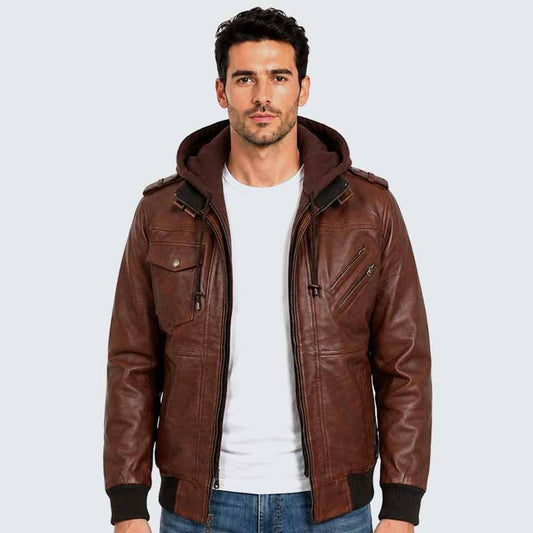 Men's Brown Genuine Leather Bomber Jacket with Removable Hoodie and Military Style - 3amoto shop