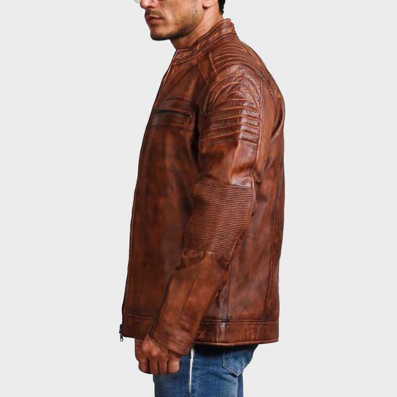 Side profile of handmade brown leather cafe racer jacket for men