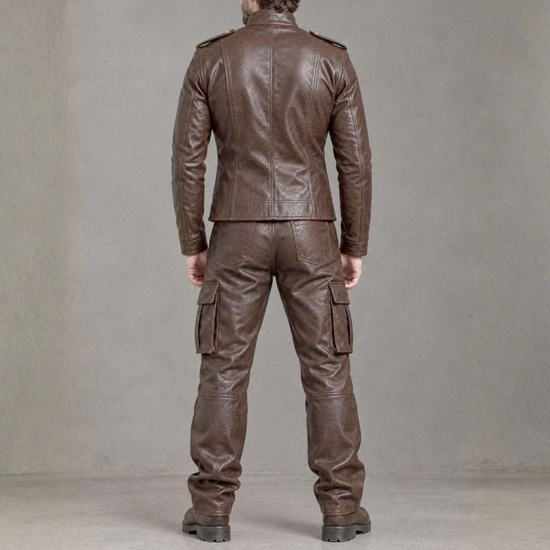 Vintage military-style men's brown leather suit with gold-tone buttons