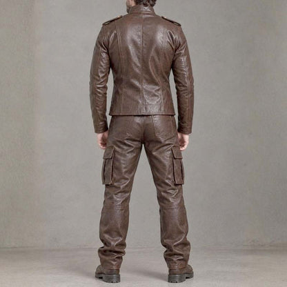Vintage military-style men's brown leather suit with gold-tone buttons