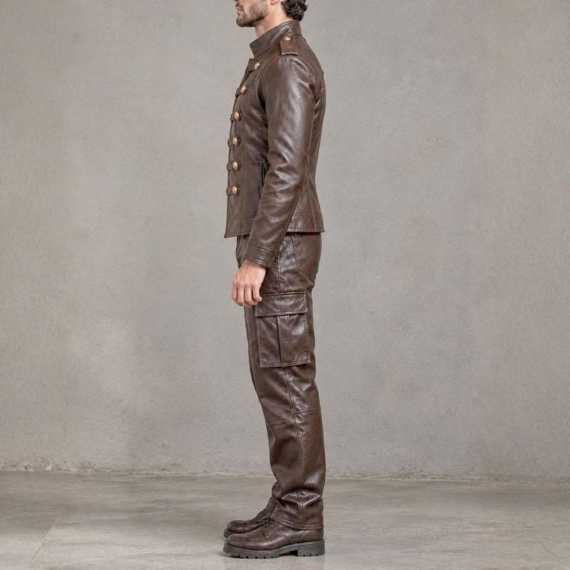 Men's brown leather jacket with stand-up collar and shoulder epaulettes