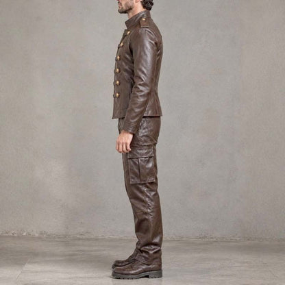 Men's brown leather jacket with stand-up collar and shoulder epaulettes