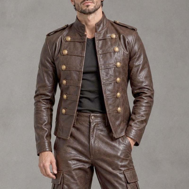 Double-breasted brown leather military jacket for men