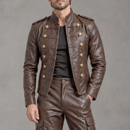 Double-breasted brown leather military jacket for men