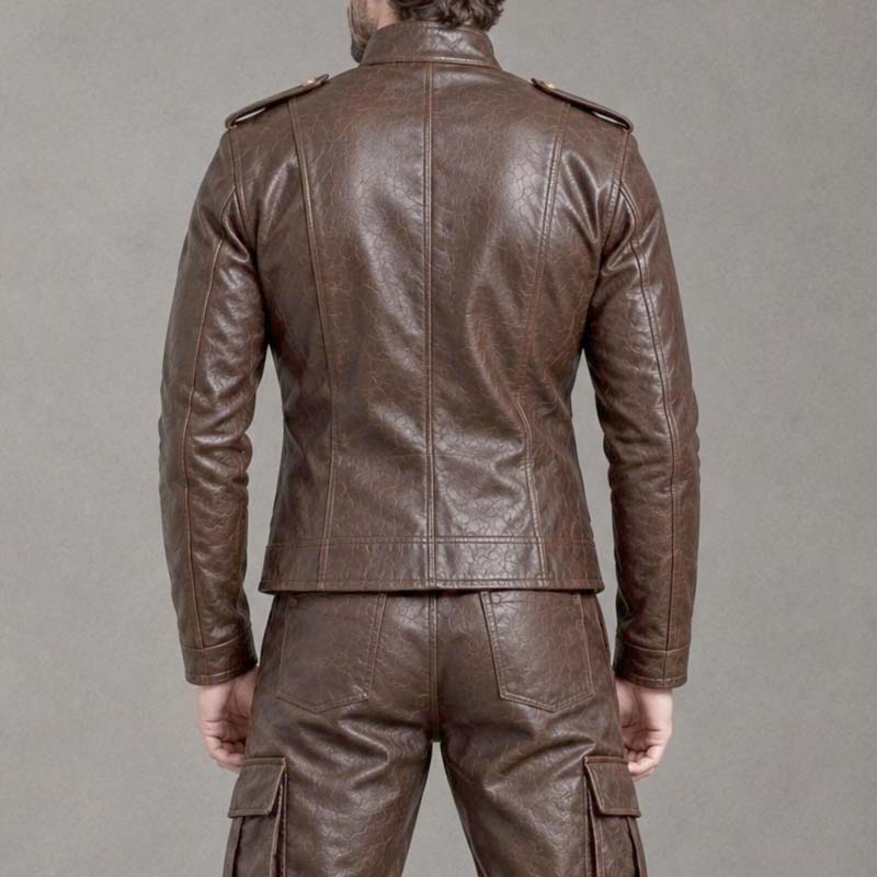 Men's brown leather cargo pants with large thigh flap pockets
