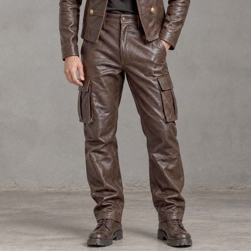 Matching men's brown leather trousers with straight-leg silhouette