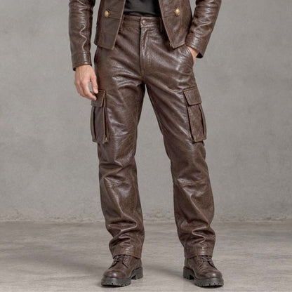 Matching men's brown leather trousers with straight-leg silhouette