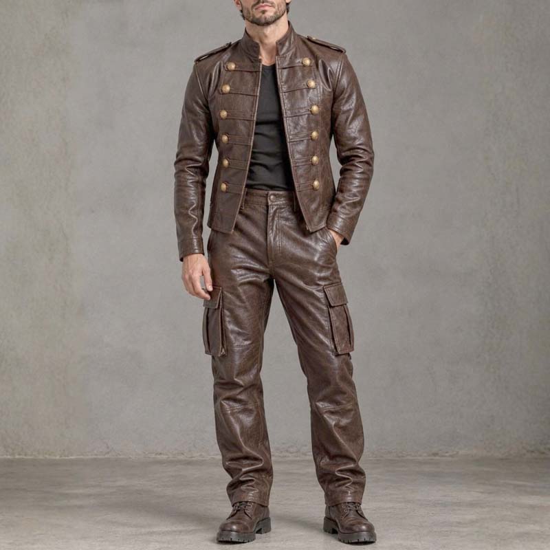 Men's brown leather jacket and matching cargo pants set