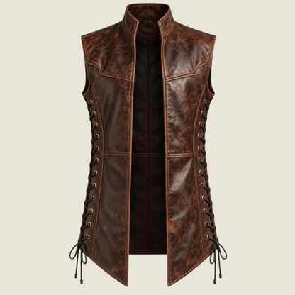 Men's brown leather long vest with distressed medieval finish