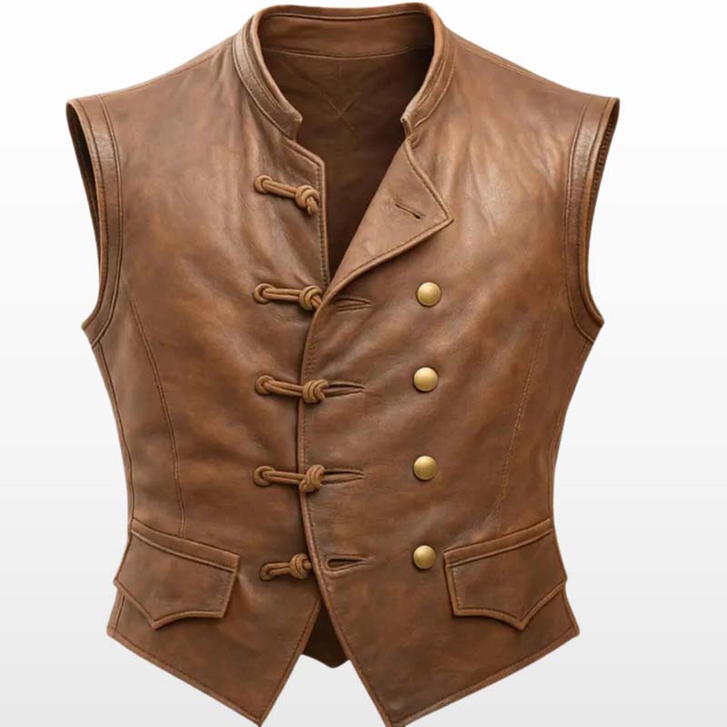 Brown men's waistcoat with decorative toggle closures and stand-up collar