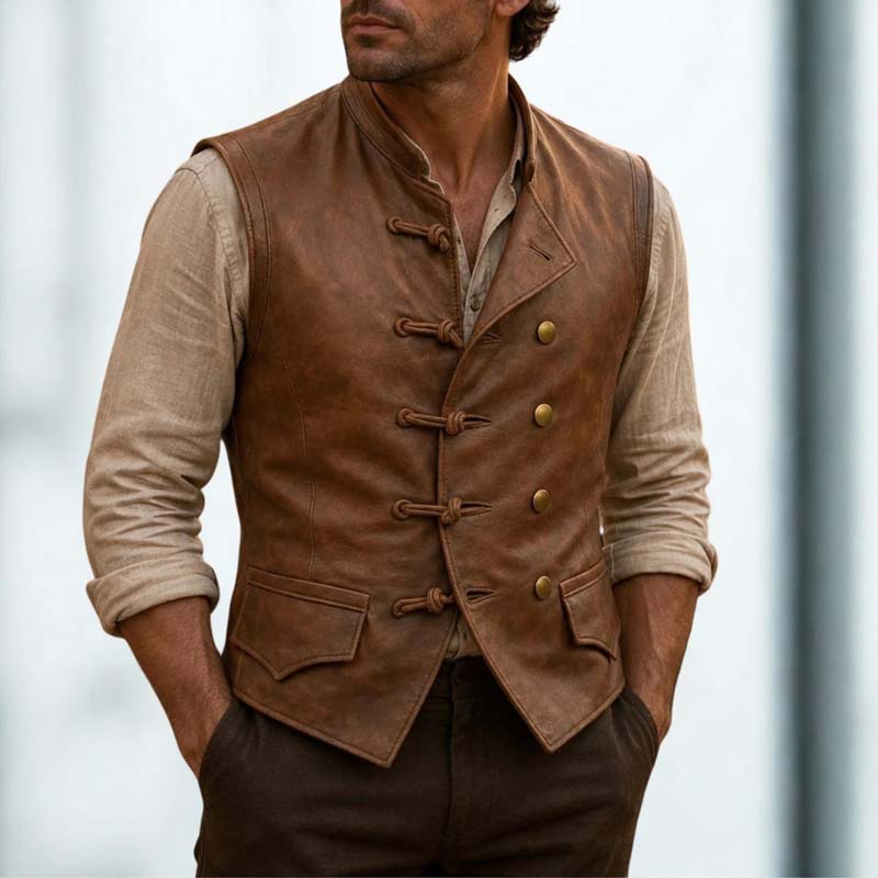 Men's brown leather vest with vintage steampunk styling