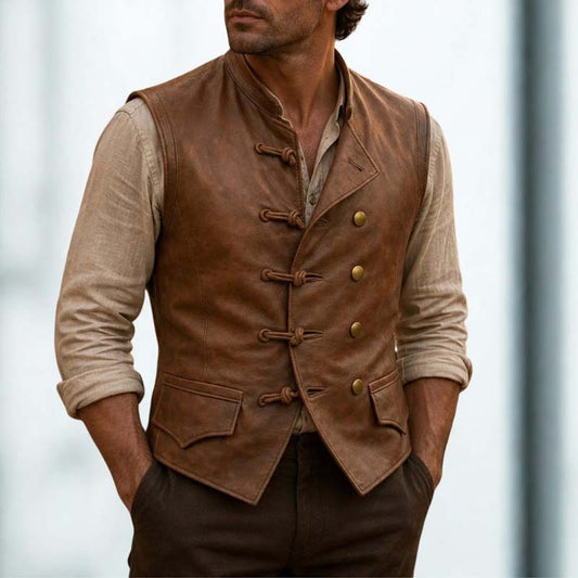 Men's brown leather vest with vintage steampunk styling - 3amoto shop