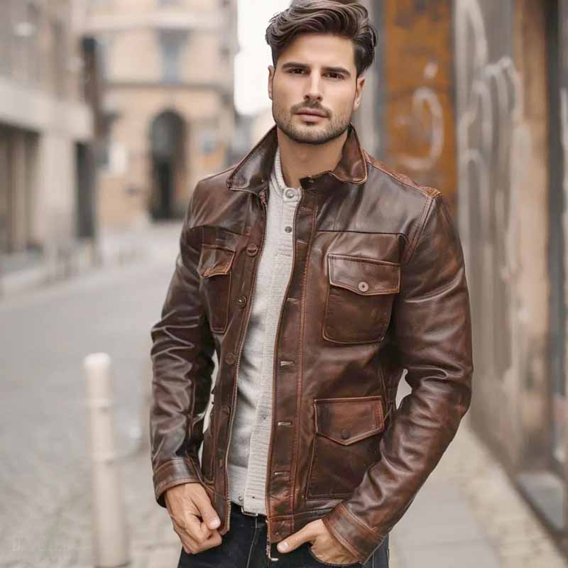 Men's brown leather trucker jacket with four flap pockets