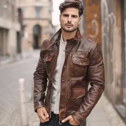 Men's brown leather trucker jacket with four flap pockets