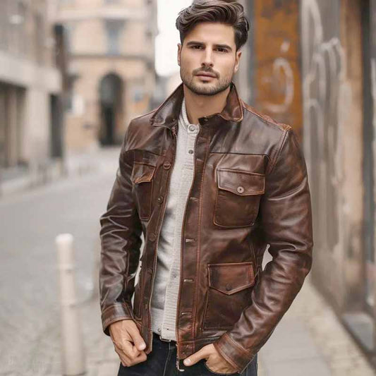 Men's brown leather trucker jacket with four flap pockets - 3amoto shop