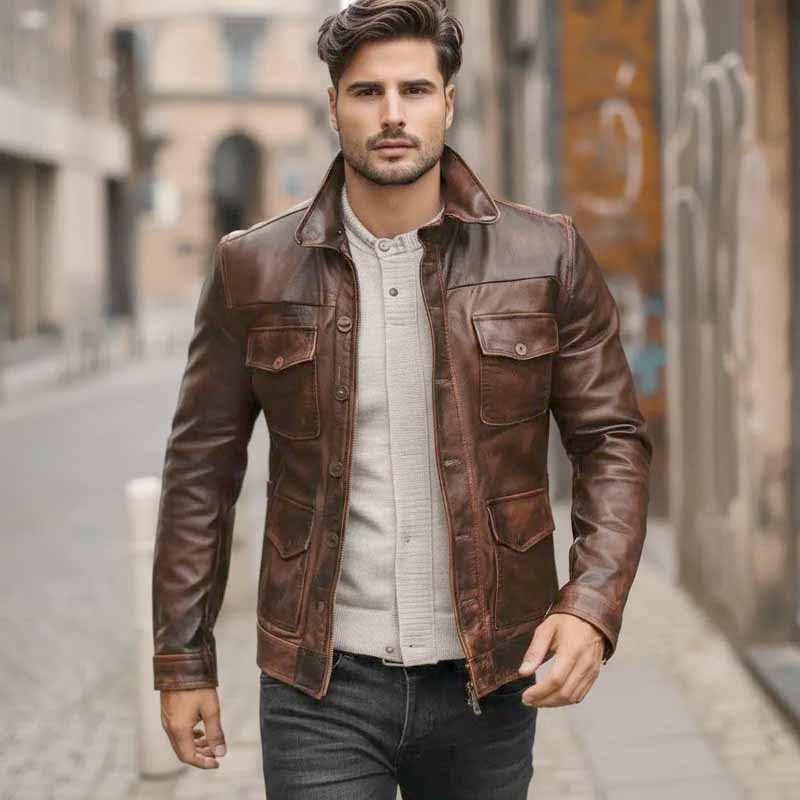 Vintage brown leather motorcycle trucker jacket for men