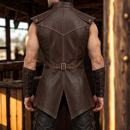 Dark brown Viking warrior waistcoat with high stand collar