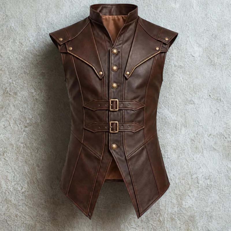 Men's medieval leather vest with shoulder armor-style panels