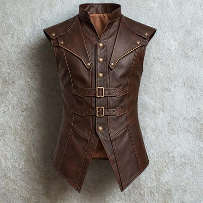 Men's medieval leather vest with shoulder armor-style panels