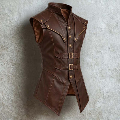 Brown warrior vest with antique-tone buttons and metal buckle belts