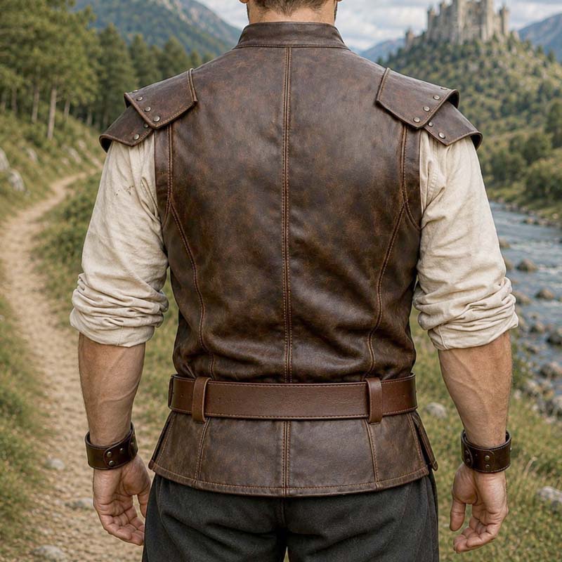 Dark brown medieval Viking vest with wide leather waist belt