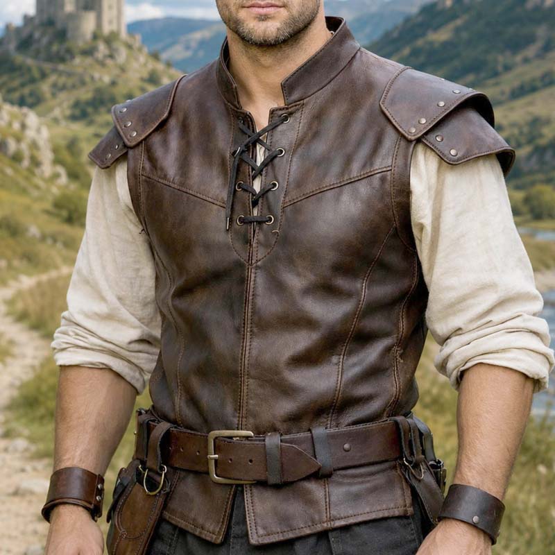 Men's brown leather warrior vest with lace-up front and shoulder guards