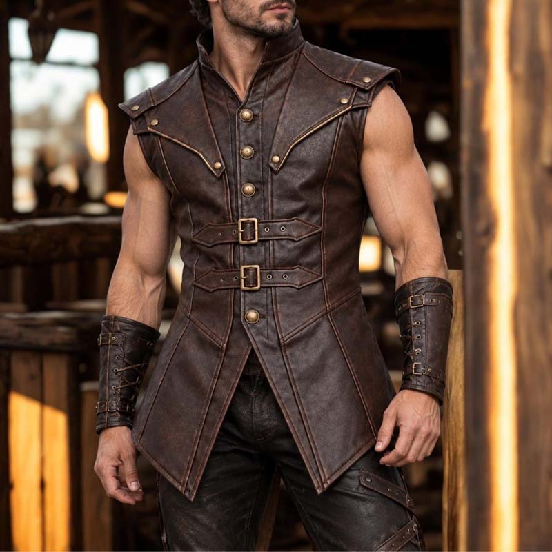 Men's brown leather warrior vest with matching leather arm guards