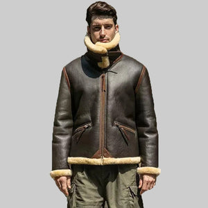 Men's Brown Shearling Flight Jacket - Leather Merino Sheepskin Jacket