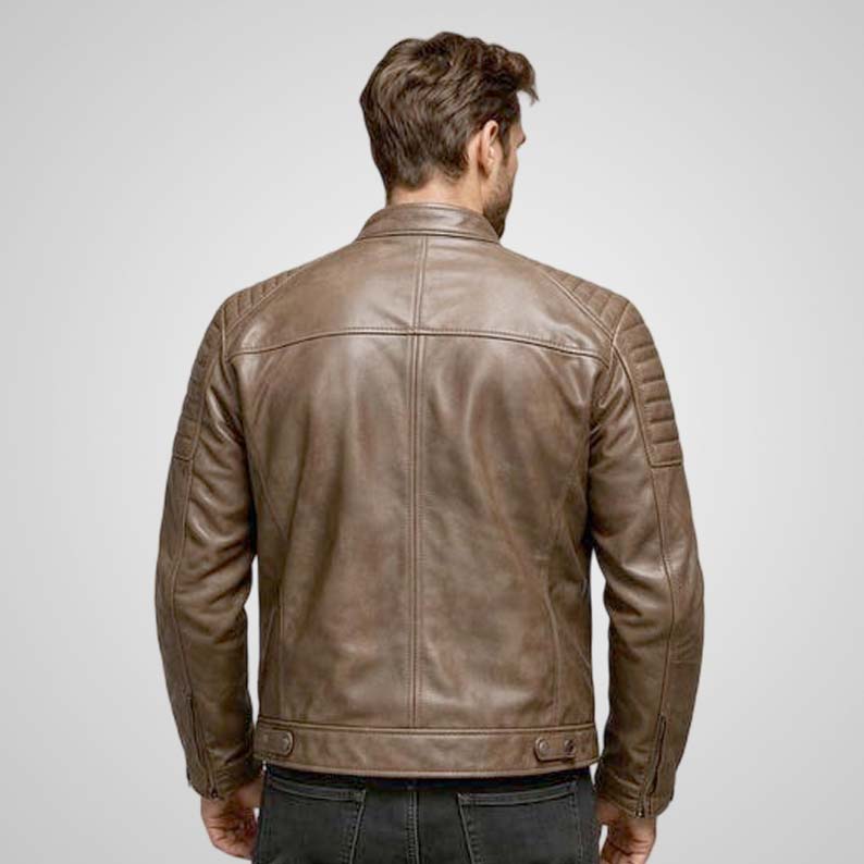 Brown men's leather motorcycle jacket with zippered pockets