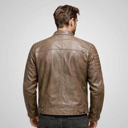 Brown men's leather motorcycle jacket with zippered pockets
