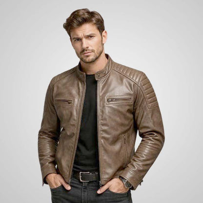 Men's brown sheep leather biker jacket with quilted shoulders