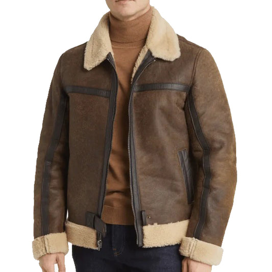 Men's Brown Sheepskin Leather Jacket - Sherpa Jacket - Fashion Leather Jackets USA - 3AMOTO