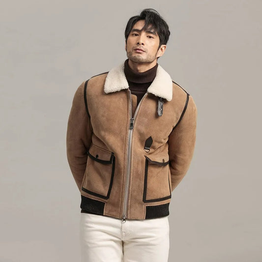 Men's Brown Sheepskin Shearling Jacket - Brown Leather Jacket - 3amoto shop