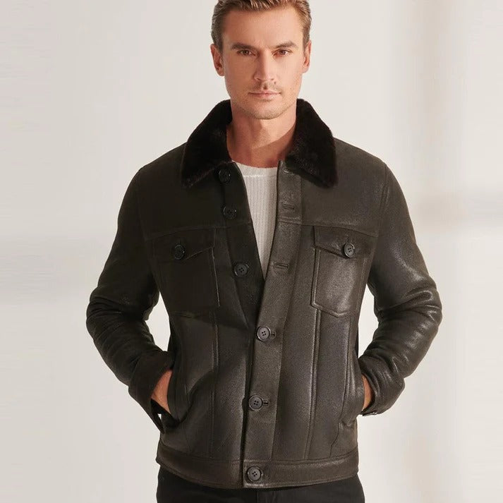 Men's Brown Sheepskin Shearling Trucker Aviator Jacket