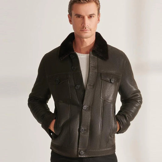 Men's Brown Sheepskin Shearling Trucker Aviator Jacket - Fashion Leather Jackets USA - 3AMOTO