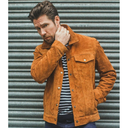 Men's Brown Suede Leather Biker Motorcycle Trucker Jacket - Denim Style