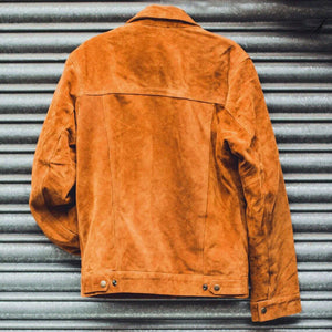 Men's Brown Suede Leather Biker Motorcycle Trucker Jacket - Denim Style