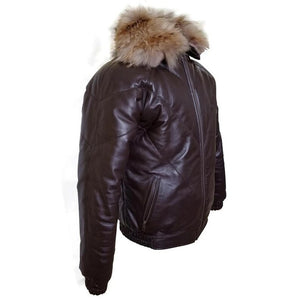 Men's Brown V-Bomber Puffer Winter Leather Jacket
