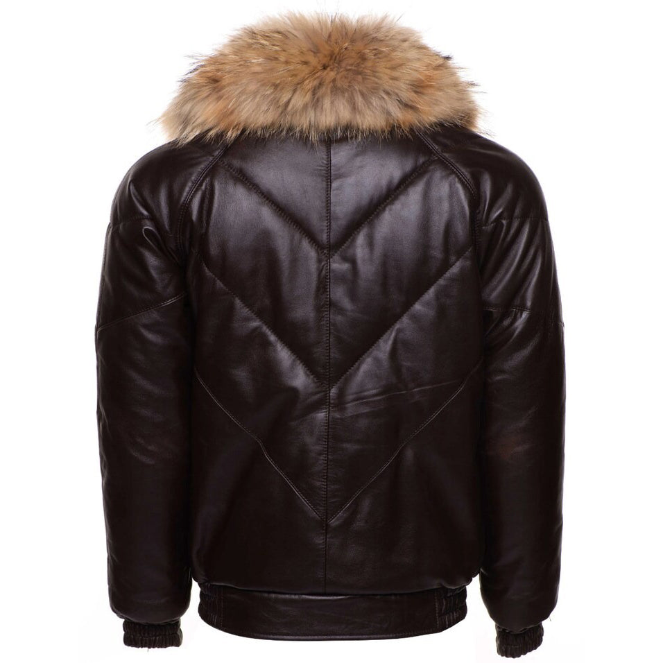 Men's Brown V-Bomber Puffer Winter Leather Jacket