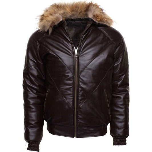 Men's Brown V-Bomber Puffer Winter Leather Jacket - Fashion Leather Jackets USA - 3AMOTO