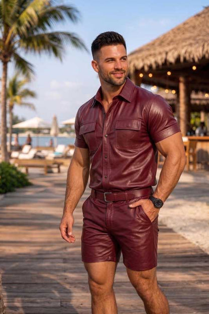 Men’s Burgundy Sheepskin Leather Shirt and Shorts Set