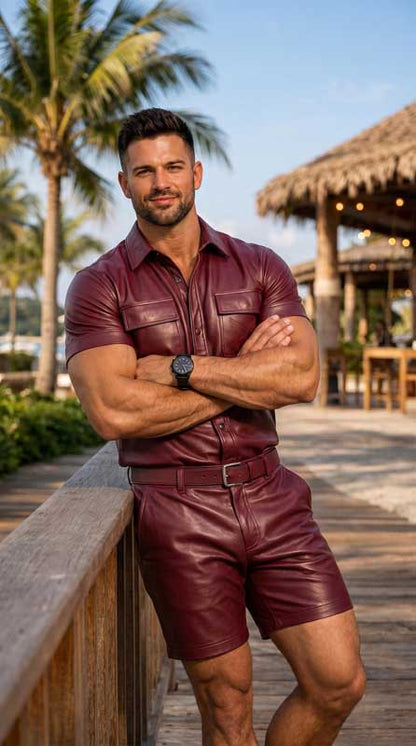 Men’s Burgundy Sheepskin Leather Shirt and Shorts Set