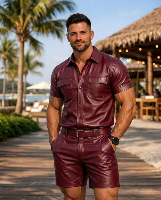 Men’s Burgundy Sheepskin Leather Shirt and Shorts Set - 3amoto shop