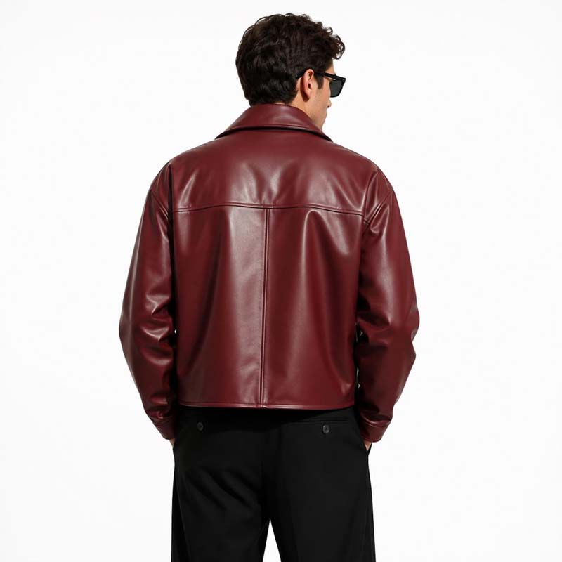 Burgundy red men's retro motorcycle bomber jacket with front zipper