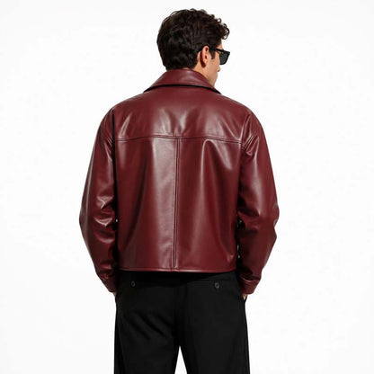 Burgundy red men's retro motorcycle bomber jacket with front zipper