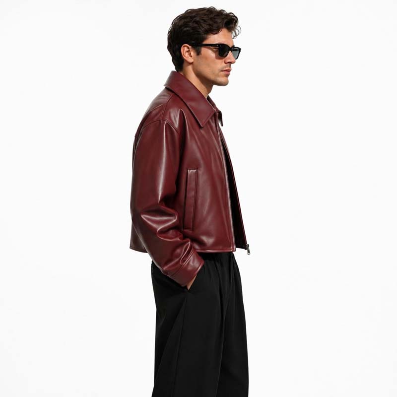 Men's vintage burgundy leather jacket with relaxed silhouette