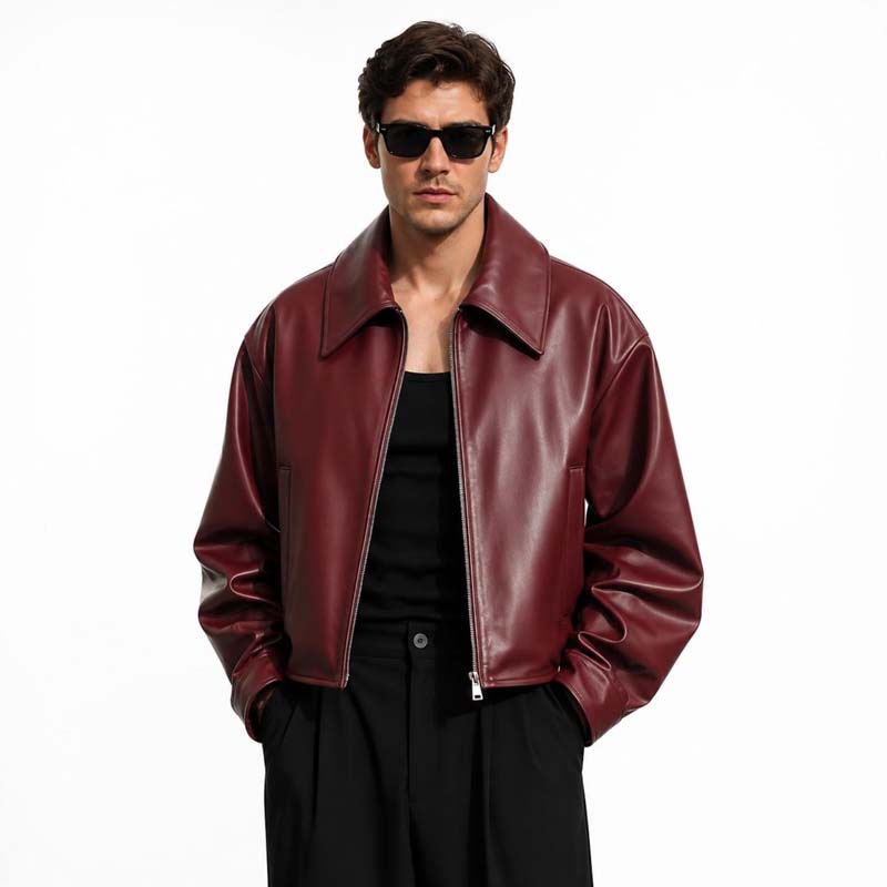 Men's burgundy sheepskin leather jacket with oversized collar