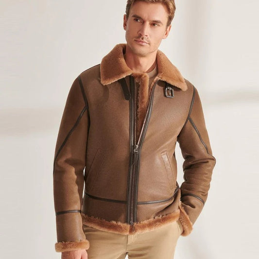 Men's Camel Brown B3 Shearling Aviator Jacket - Fashion Leather Jackets USA - 3AMOTO