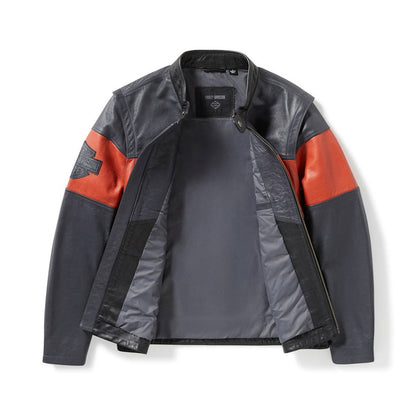 men’s vintage-inspired leather motorcycle jacket with detachable sleeves.