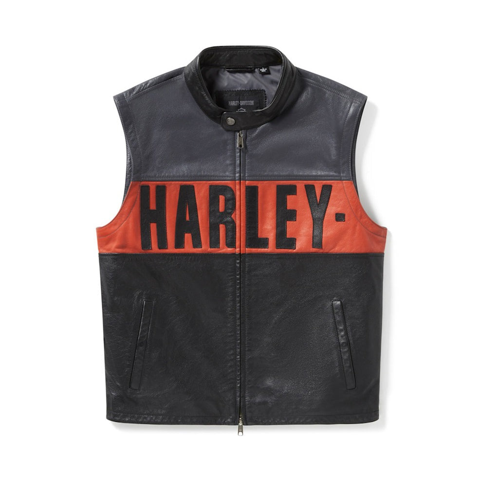 orange chest band and leather appliqué graphics on a cowhide jacket.